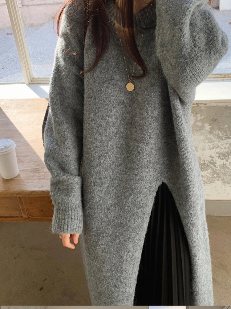 Oversized Wool Solid Knitted Long Sleeve Maxi Sweater Dress