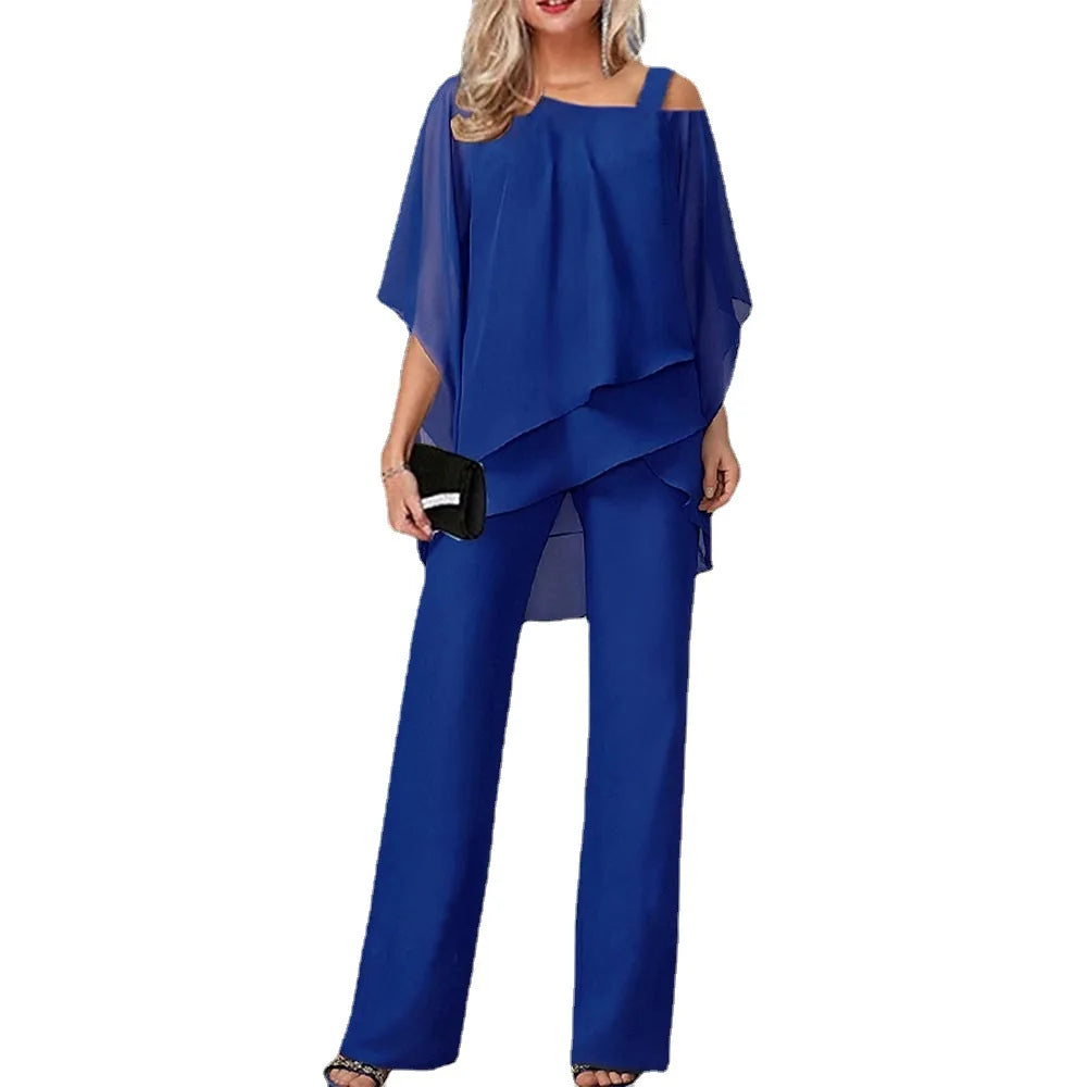 Chiffon Formal One Strap Women's Solid Cold Shoulder Loose Blouse + Pants 2-Piece Set