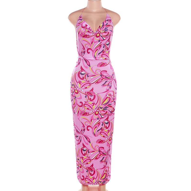 Pink Halter Cowl Neck Bodycon Sleeveless Maxi Dress