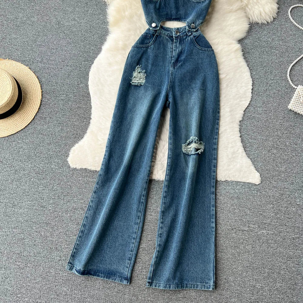 Denim Strapless Crop Tube Corset Top + Ripped Hole Wide Leg Jeans Ladies 2-Piece Sets