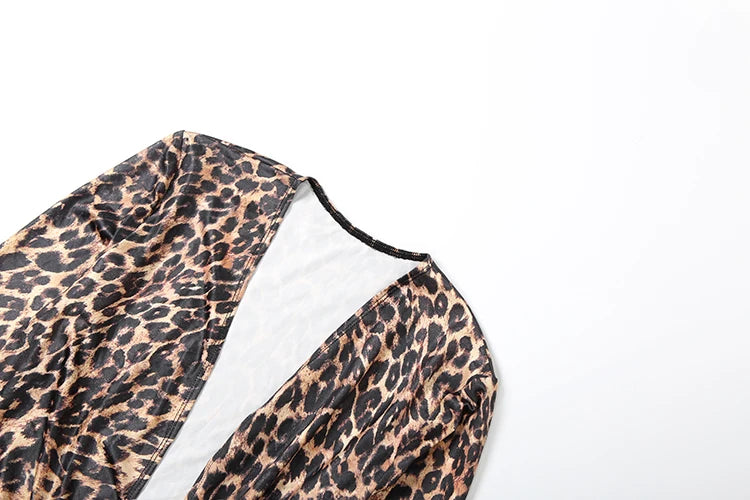 Leopard Print Deep V-Neck Ruched Maxi Ribbon Design Hollow-Out Long Sleeve Bodycon High Slit Maxi Club Dress