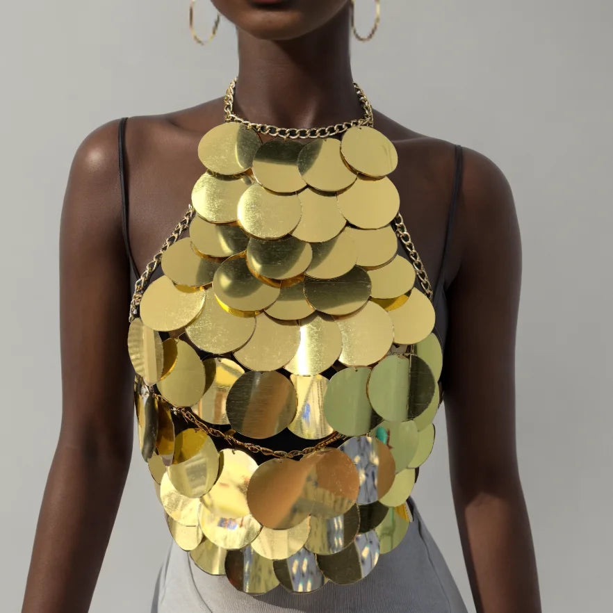 Gold Metallic Circular Sequin Acrylic Design Women's Backless Sleeveless Vest Top