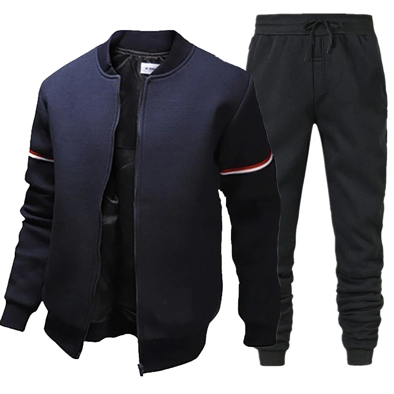 Men's Solid Color Side Striped Mandarin Collar Bomber Jacket + Sweatpants Tracksuit