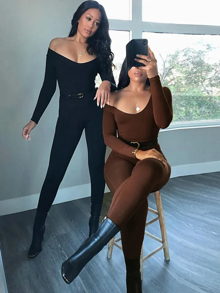 Slash Neck Skinny Solid Long Sleeve Bodycon Jumpsuit