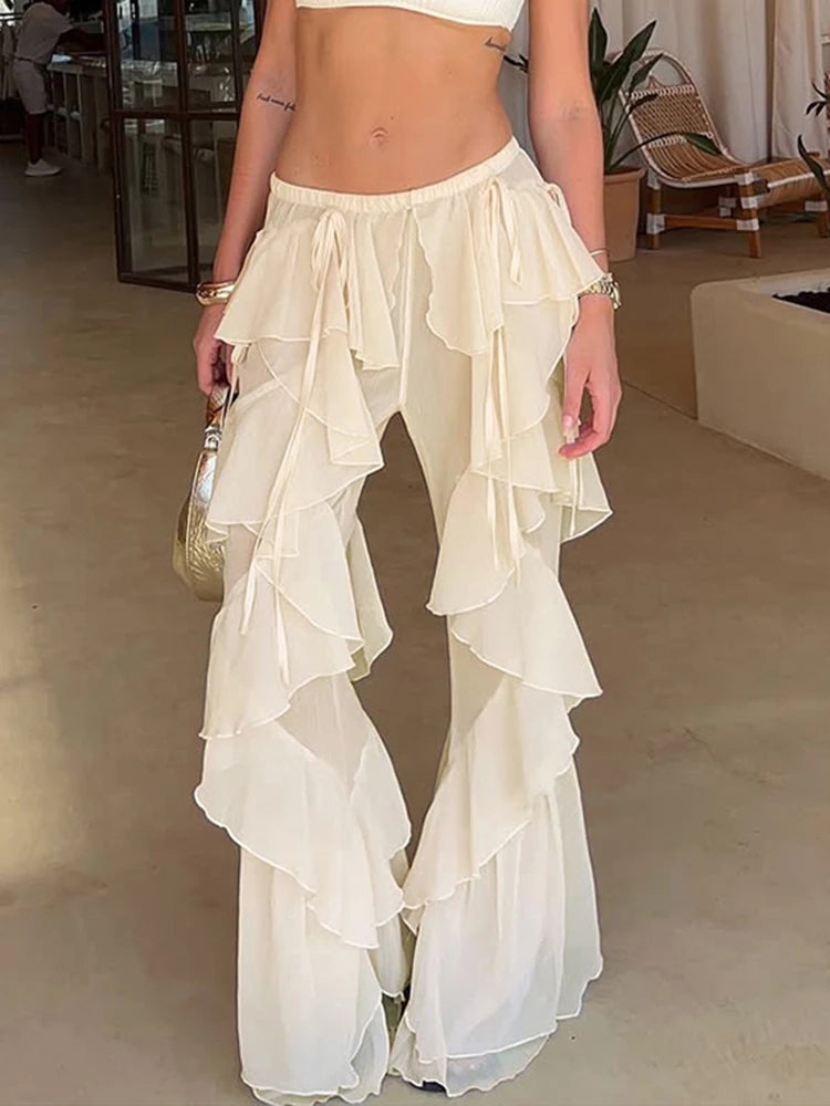 Irregular Western Sheer Transparent Ruffled Tierred Tassel Fringe Women's Patchwork Flared Pants