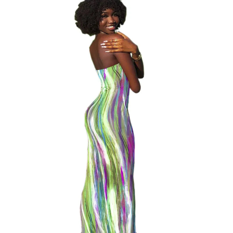 Sleeveless Tube Top Design/Long Sleeve Striped Colorblock Printed Bandage Skinny Maxi Dress