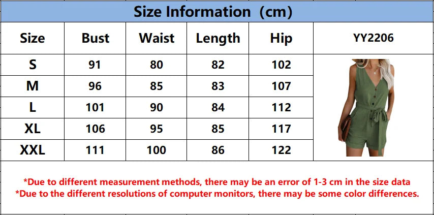 Sleeveless Button-Up Women's V-Neck Solid Color Monochromatic Sash Belt Romper