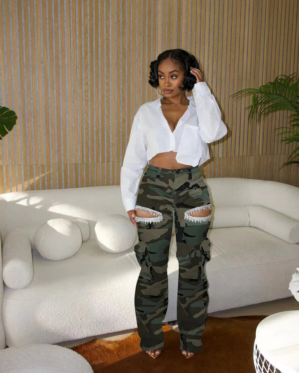 Denim Camo/Light Blue/Black/Coffee Crystal Rhinestone Cut-Out Women's Hollow-Out Multi-Pocketed Wide Leg Cargo Jeans