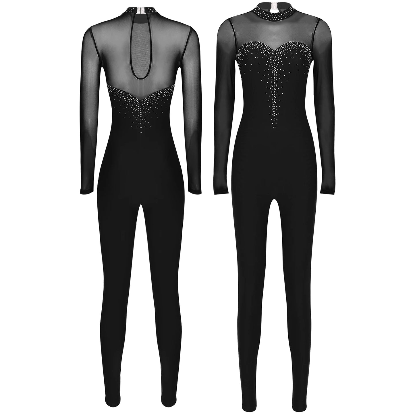 Rhinestone Women's Long Sleeve Gymnastics Leotard Performance Jumpsuit