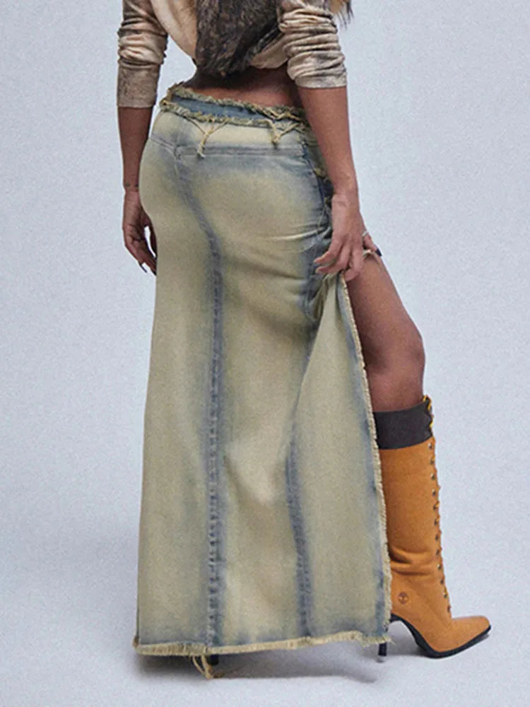 Irregular Denim Washed Gradient Retro High Slit Button Fly Spliced Maxi Jean Skirt