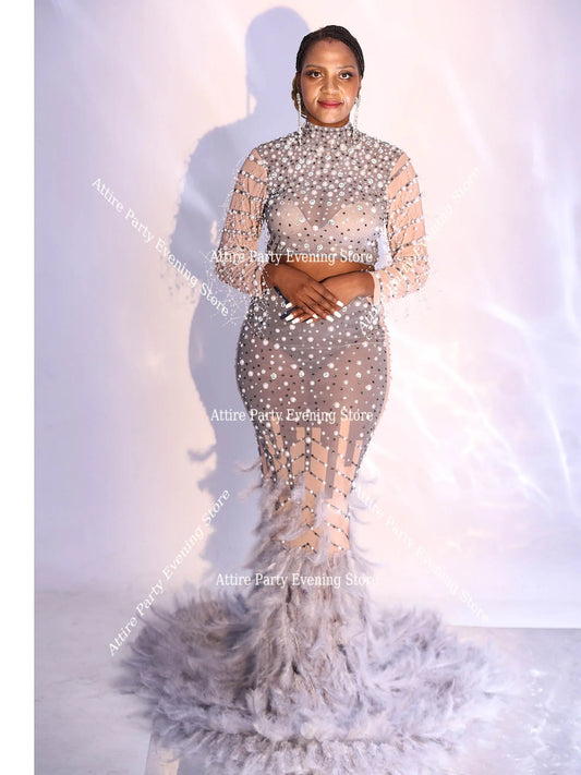 Pearl Sequin Feather Detail Long Sleeve Crop Top + Maxi Skirt Formal Wedding Dress