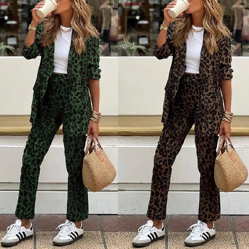 Leopard Printed Women's Long Sleeve Blazer Jacket + Trouser Pants Office Suit