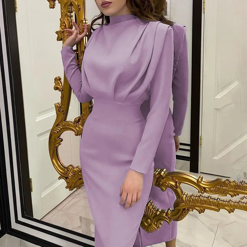 Turtleneck Ruched Solid Color Bodycon Long Sleeve Skinny Maxi Party Dress