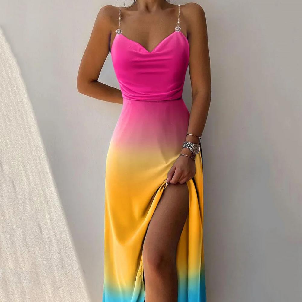 Ombre Rainbow Gradient Colorblock V-Neck Spaghetti Strap Halter Sleeveless High Slit Maxi Dress