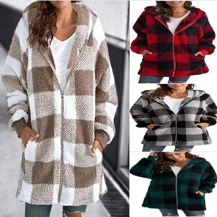 Plaid Long Sleeve Hooded Women's Loose Fit Pocketed Zipper Jacket