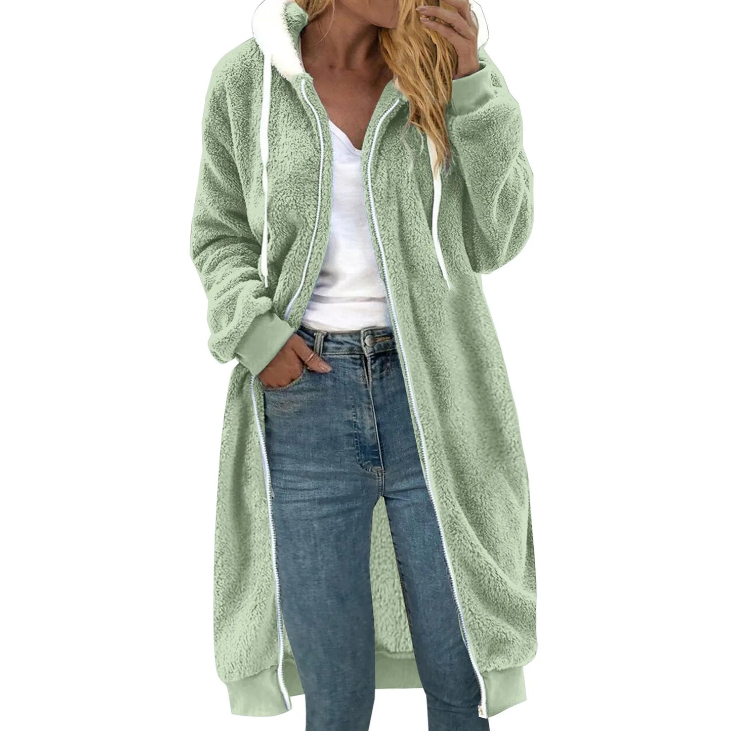 Colorblock Fleece Plush Women's Zipper Maxi Trench Hoodie Sweatshirt Shacket