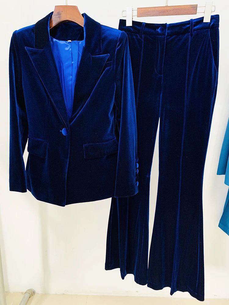 Velvet Designer Runway Women's Single Button Lapel Blazer Jacket + Flare Pants Suit