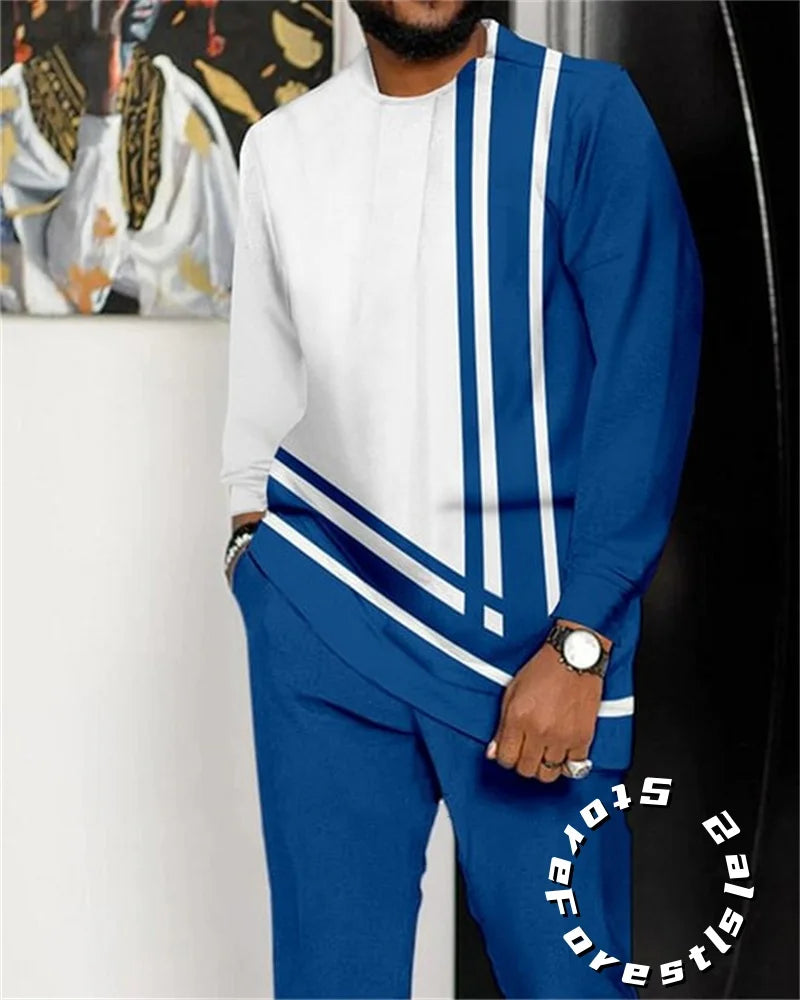 Men's O-Neck Colorblock Striped/African Print Long Sleeve Dress Shirt + Pants 2-Piece Suit to 4X Big & Tall