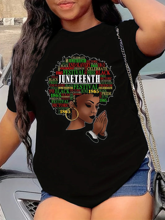 Juneteenth Black Woman w/Afro 3D Letter Print Short Sleeve Women's O-Neck T-Shirt to 3X Plus Size