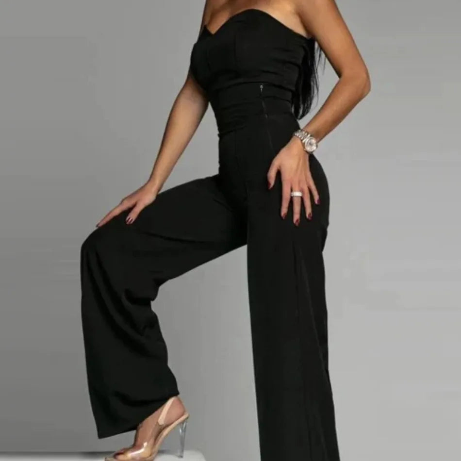 Sleeveless Strapless Solid Color Straight Women's Formal Party Tube Jumpsuit
