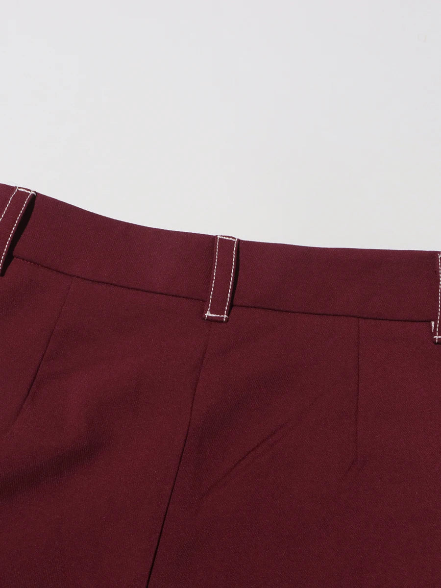Burgundy Irregular Notched Collar Double Strap Design Blazer Jacket + High Waist Straight Pants Women's Formal Suit