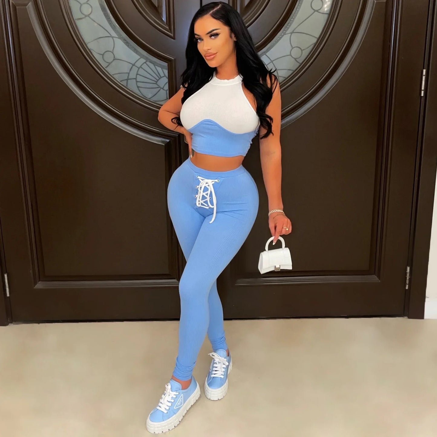 Colorblock Patchwork Sleeveless Women's Tank Top + Solid Lace-Up Drawstring Sweatpants/Shorts 2-Piece Set