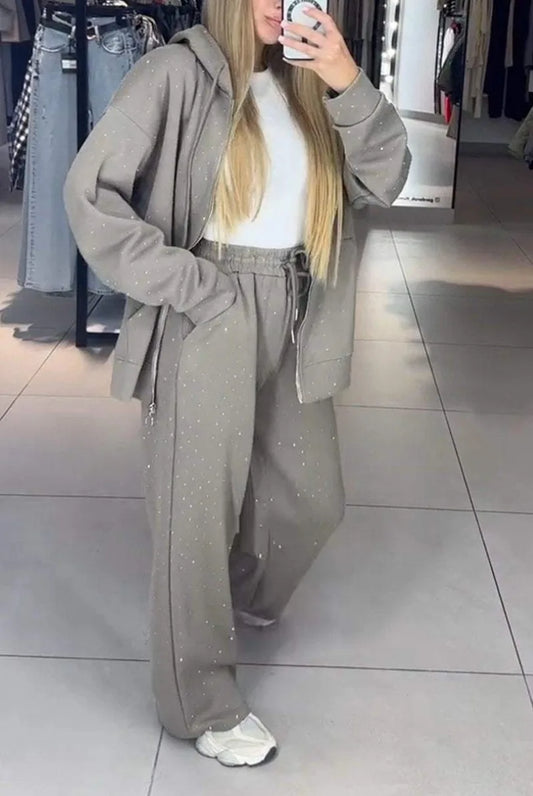 Sequin Polka Dot Embellished Women's Hoodie Sweatshirt + Wide Leg Sweatpants Tracksuit