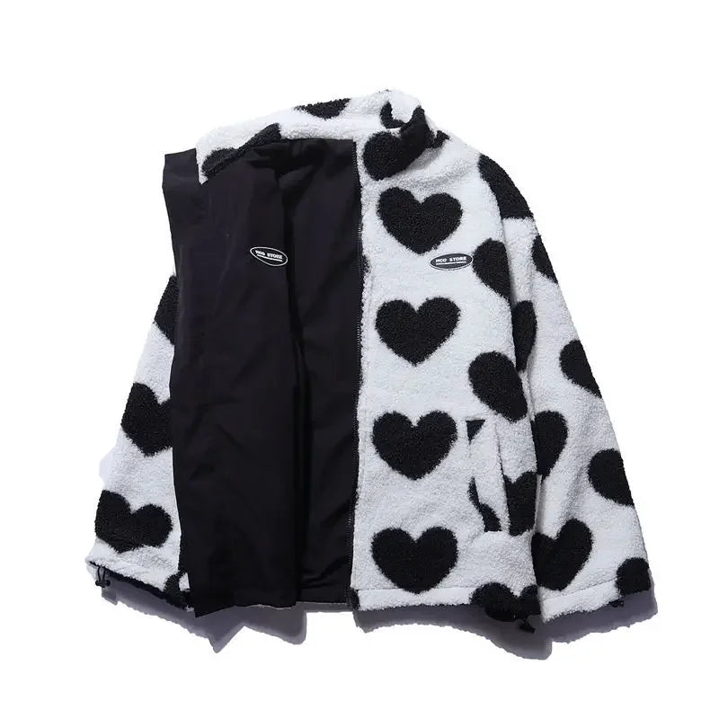 Heart Print Lambs Wool Women's Padded  Stand Collar Reversible Jacket