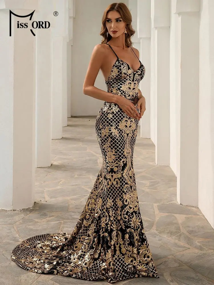 Metallic Black/Gold Sequin Spaghetti Strap V-Neck High Side Slit Mermaid Party/Prom Evening Gown Floor-Length Dress