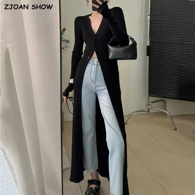 Knitted Ribbed Single Breasted Button-Up V-Neck Long Sleeve Maxi Cardigan