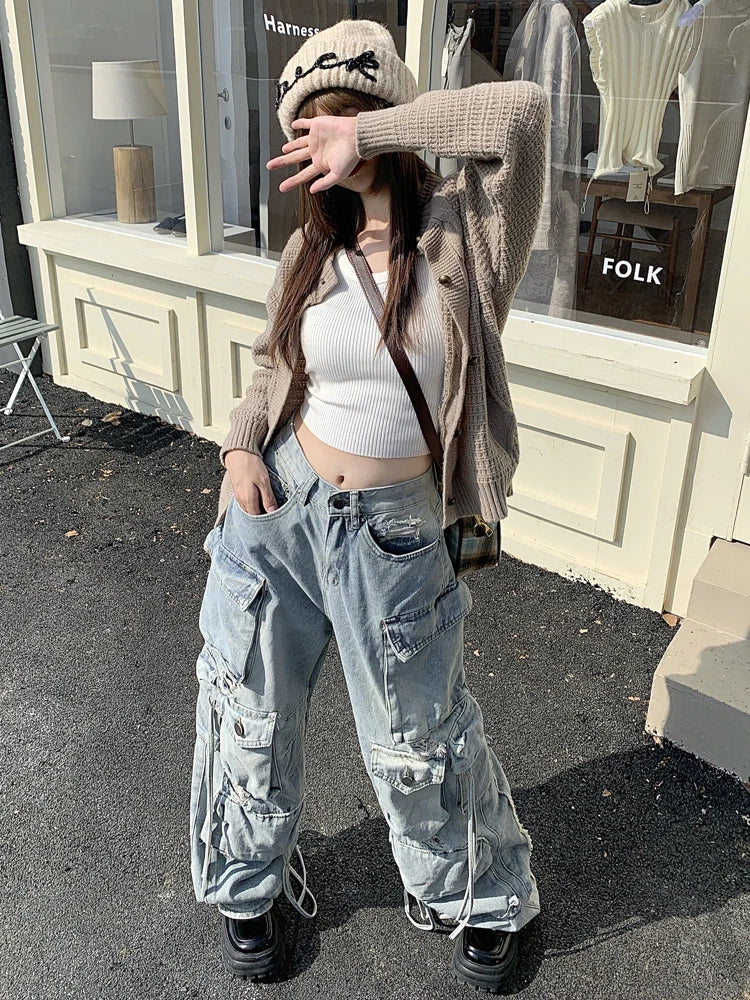 Denim Vintage Baggy Hip-Hop Multi-Pocket High Waist Wide Leg Women's Cargo Jeans