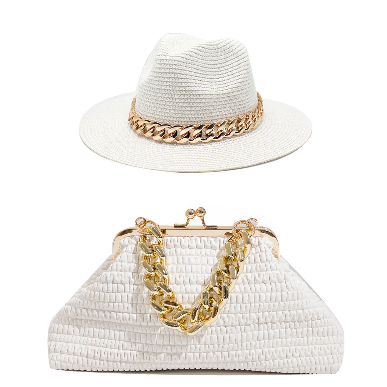 Fedora Chain Link Straw Hat + Chain Link Purse Set