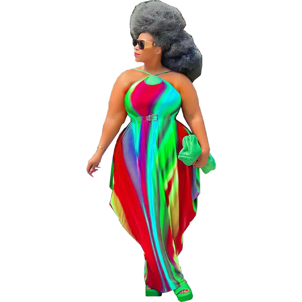 Rainbow Striped Colorblock Ruched Ruffled Sleeveless Print Harem Maxi Dress to 5X Plus Size
