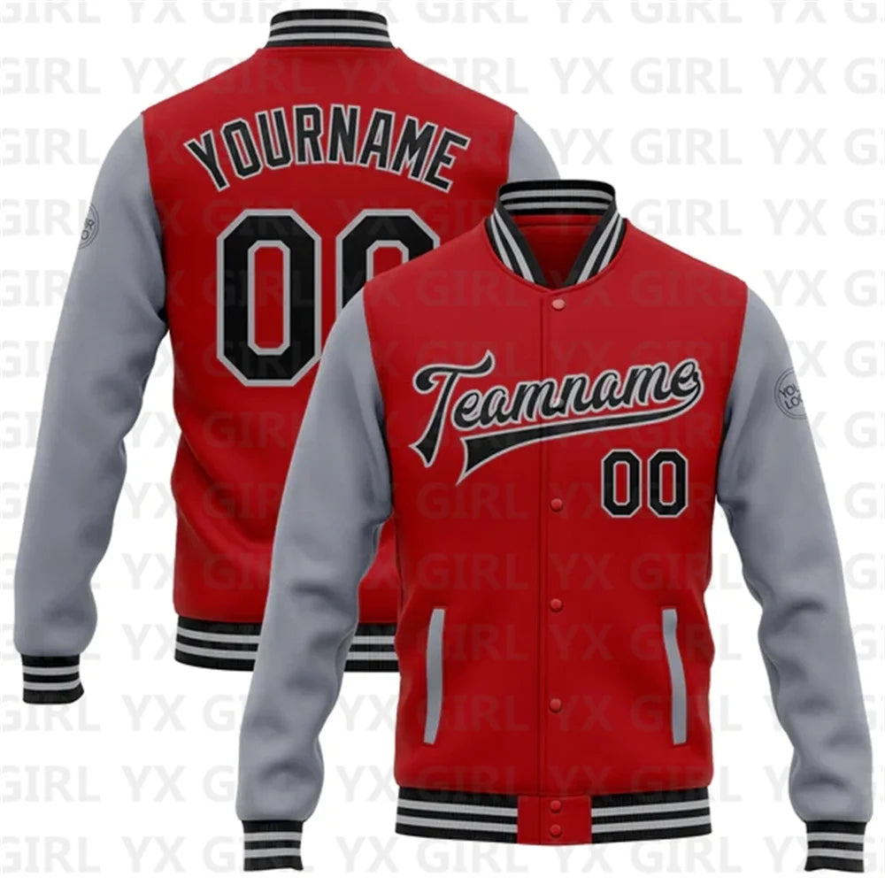 Customized Unisex Red Black-White Personalized Name Letter Print/Team Name 3D Print Full-Snap Varsity Letterman's 2-Tone Baseball Button-Up Bomber Jacket