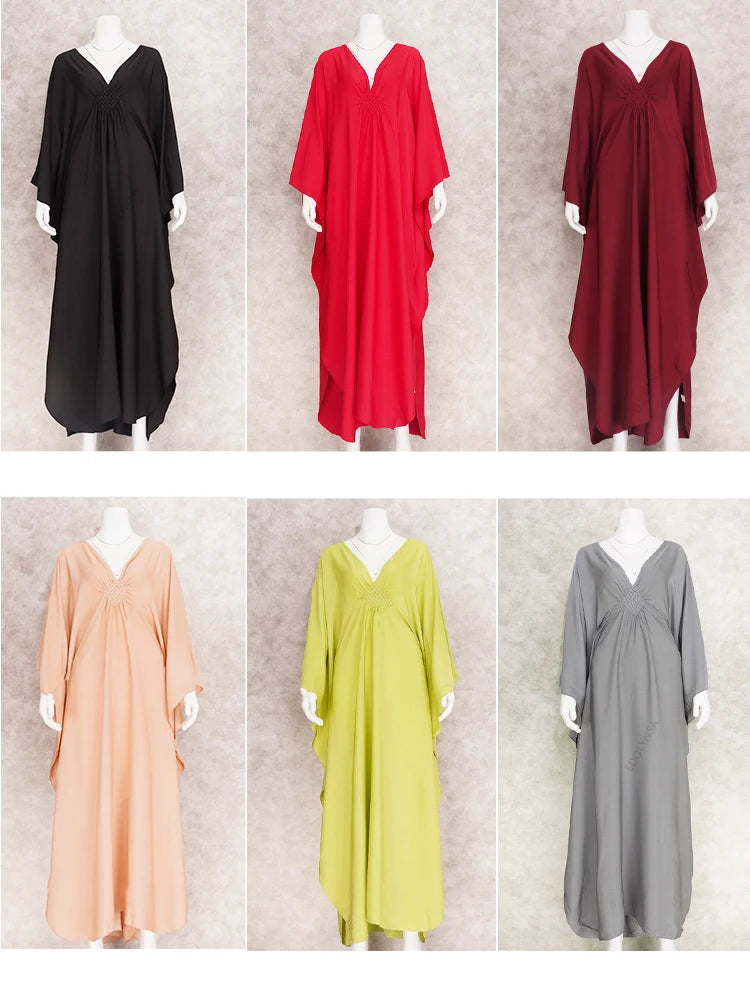 Bohemian Solid V-Neck Batwing Sleeve Loose Maxi Dress