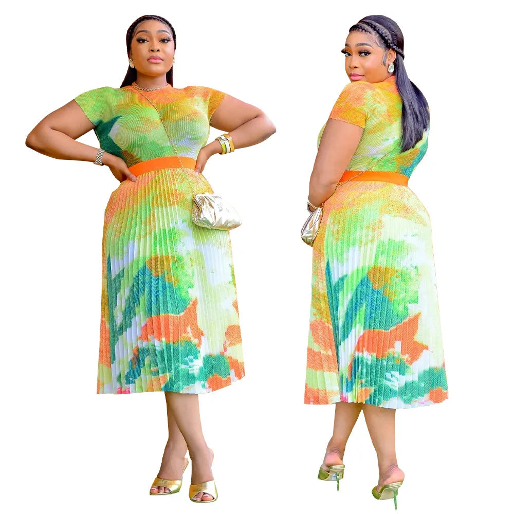 Pleated African Women's Short Sleeve O-Neck Top + Skirt 2-Piece Set