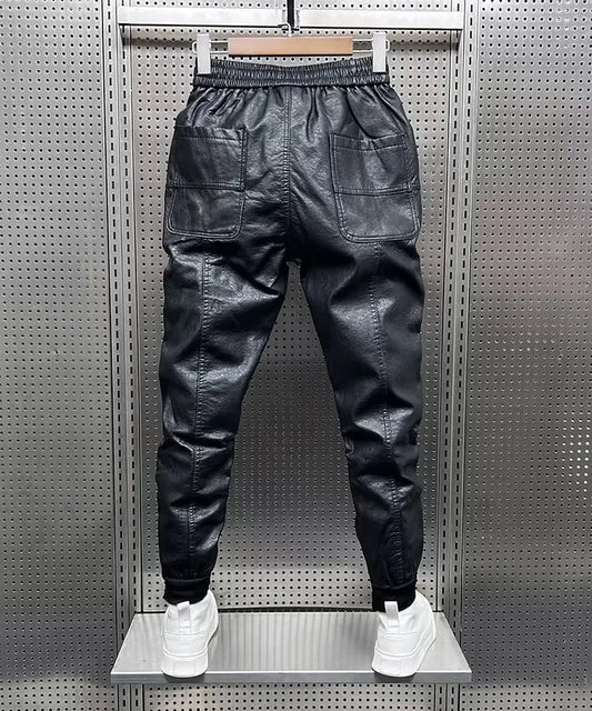 Hip Hop Men's Leather Retro Black Streetwear Elastic Pants