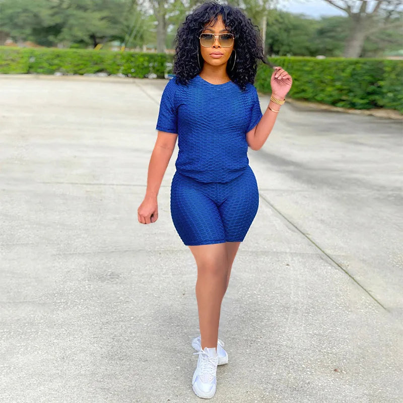 Texturized Sportswear O-Neck Solid Color Short Sleeve Women's T-Shirt + Shorts 2-Piece Fitness Workout Set