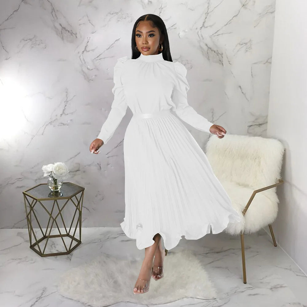 Women’s Solid Color O-Neck Lantern Sleeve Blouse + A-Line Flounce Formal Pleated Maxi Skirt w/ Sash Belt 2-Piece Set