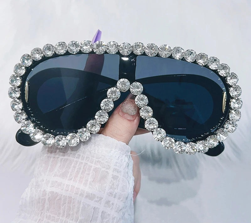 Embellished Oversized Punk Rhinestone Crystal Baguette Steampunk UV400 Women's Round Bottom Shield Sunglasses