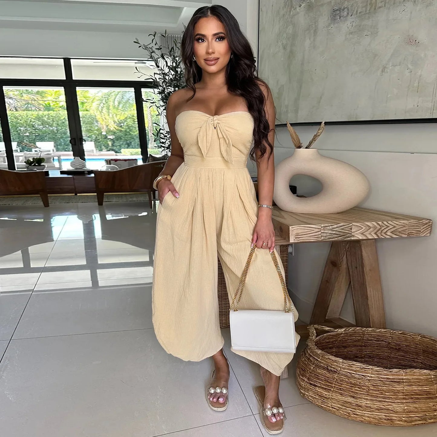 Sleeveless Bowknot Design Solid Color Baggy Tube Top Women's Jumpsuit