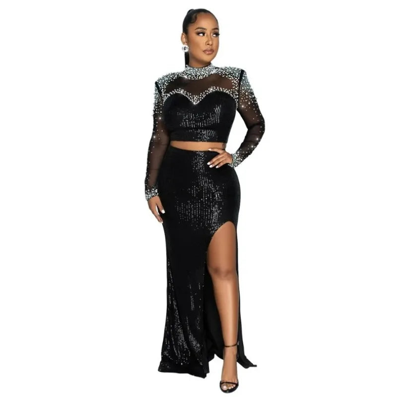 Sequin Heart Corset Long Sleeve O-Neck Top + High Slit Maxi Skirt Formal 2-Piece Sets