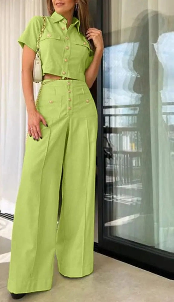 Button Up Solid Color Short Sleeve Cropped Blouse + Button Design Pleated Wide Leg Pant Ladies 2-Piece Sets to 5X