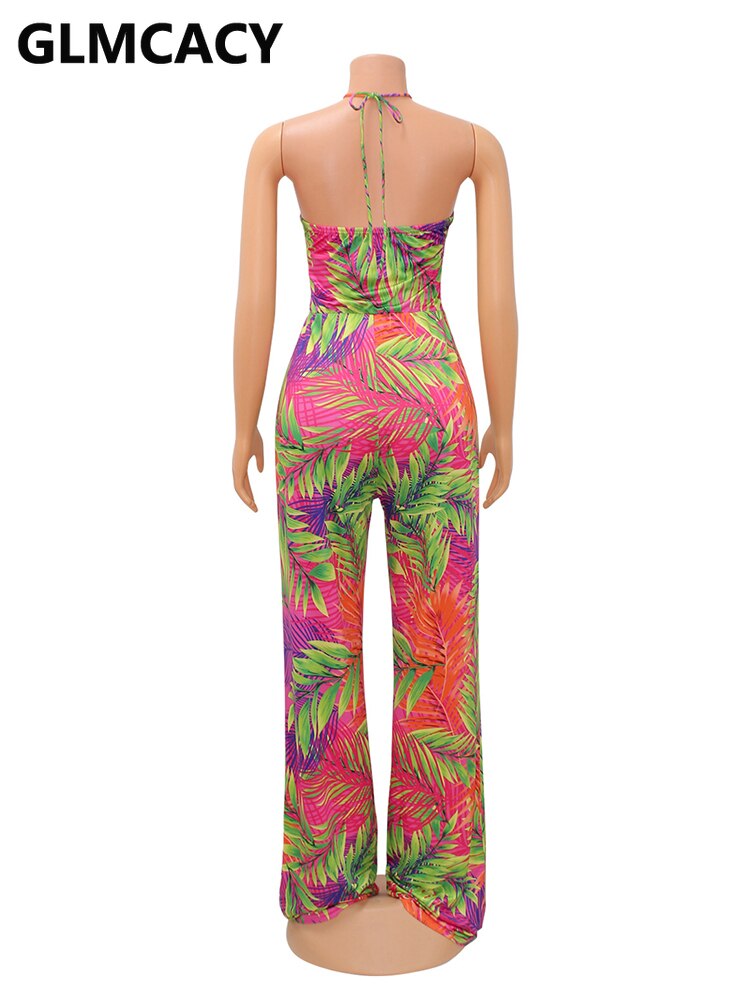 Tropical Hawaiian Print Hollow-Out Halter Printed Beach Jumpsuit