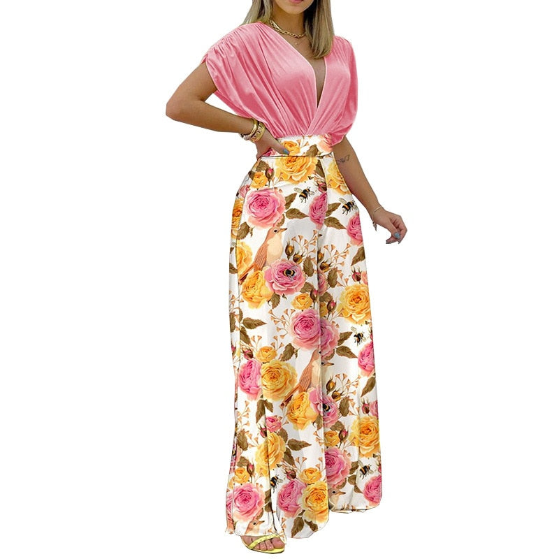 Floral V-Neck Printed Wide Leg Jumpsuit