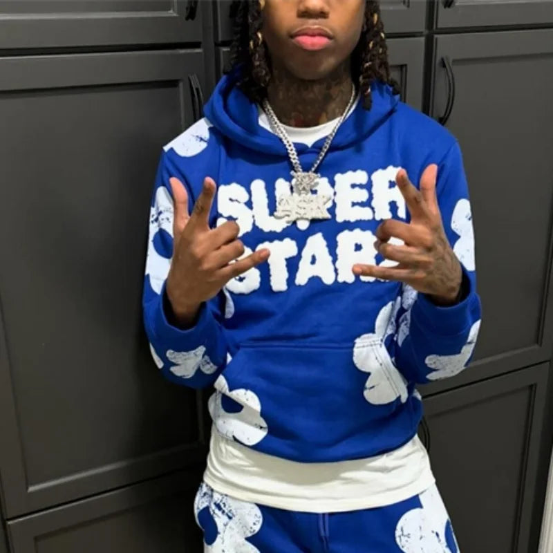 Men's "SUPERSTAR" Letter Print Big Flower Design Hoodie Sweatshirt + Drawstring Sweatants Hip-Hop Tracksuit