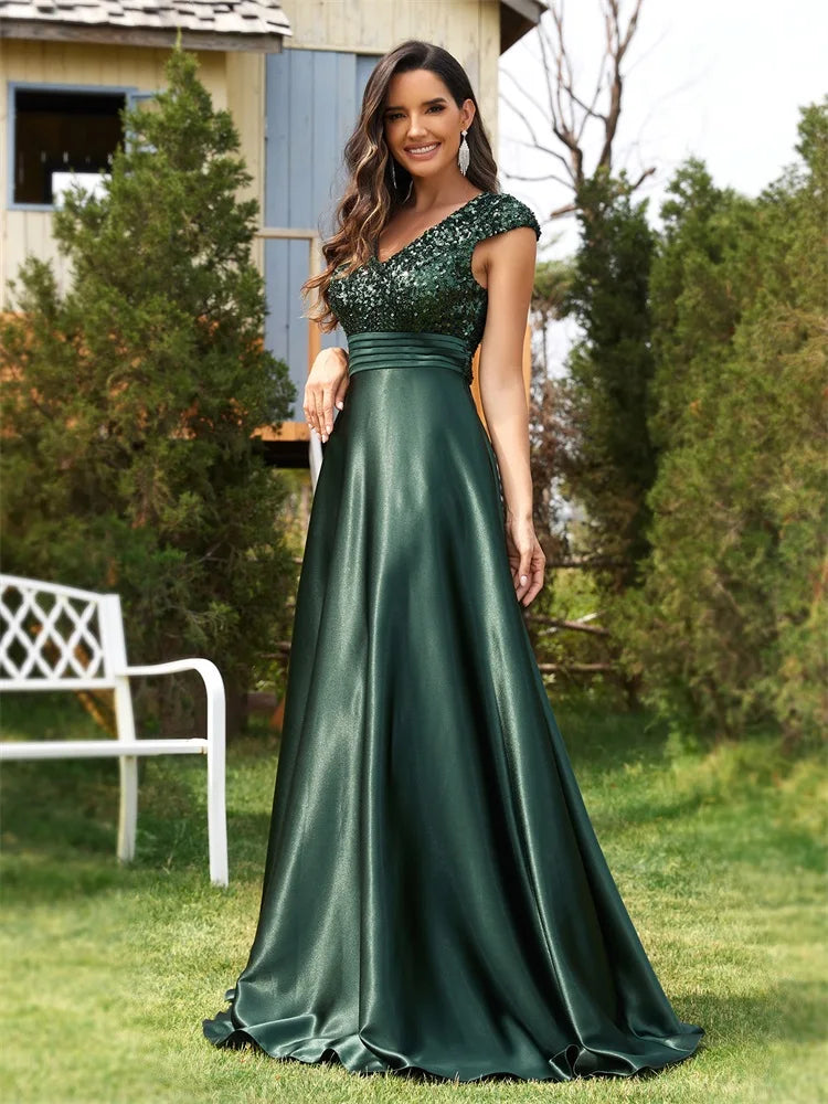 Green Sequin Sleeveless V-Neck Evening Party/Prom Formal Floor-Length Dress