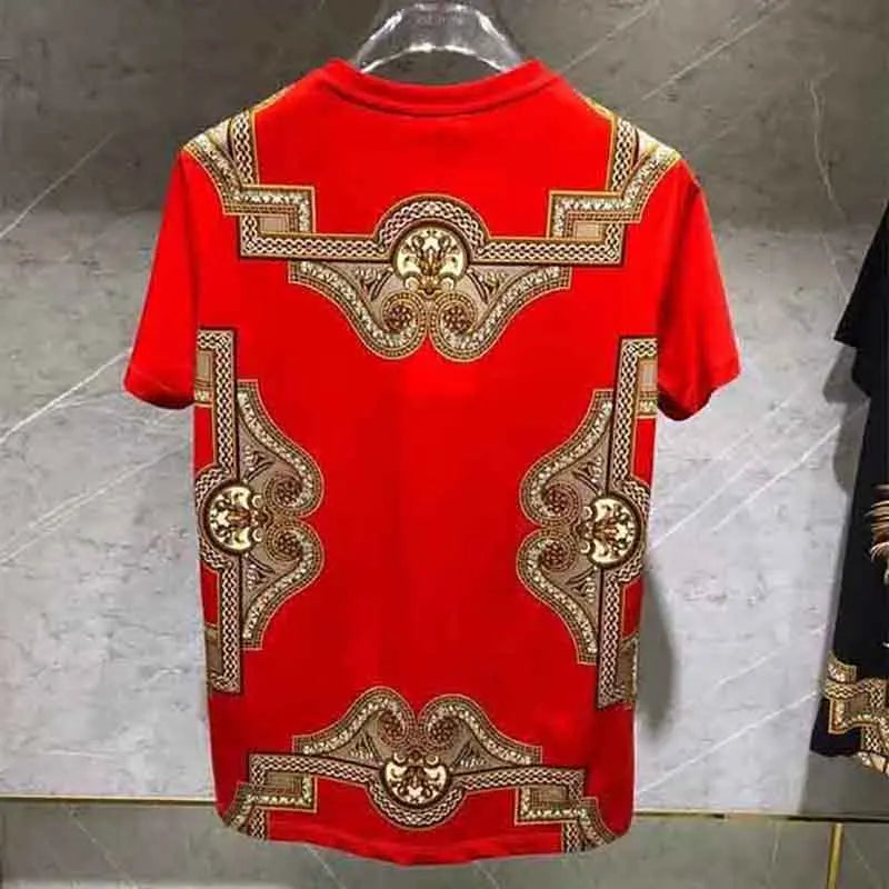 Men's Designer Baroque Gold Metallic Crown Print O-Neck Short Sleeve T-Shirt