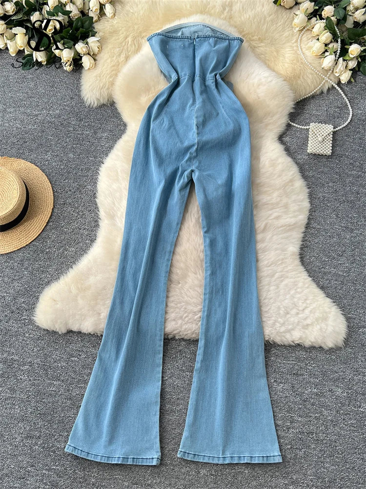 Baby Blue Sleeveless Denim 3D Big Flower Embroidered Tube Streetwear Jean Jumpsuit
