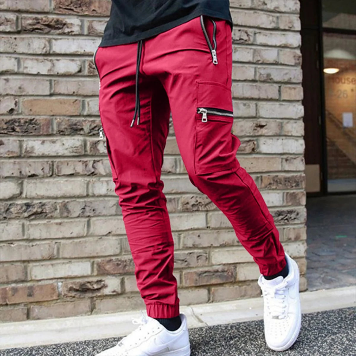 Men's Zipper Pocket Design Drawstring Solid Cargo Pants